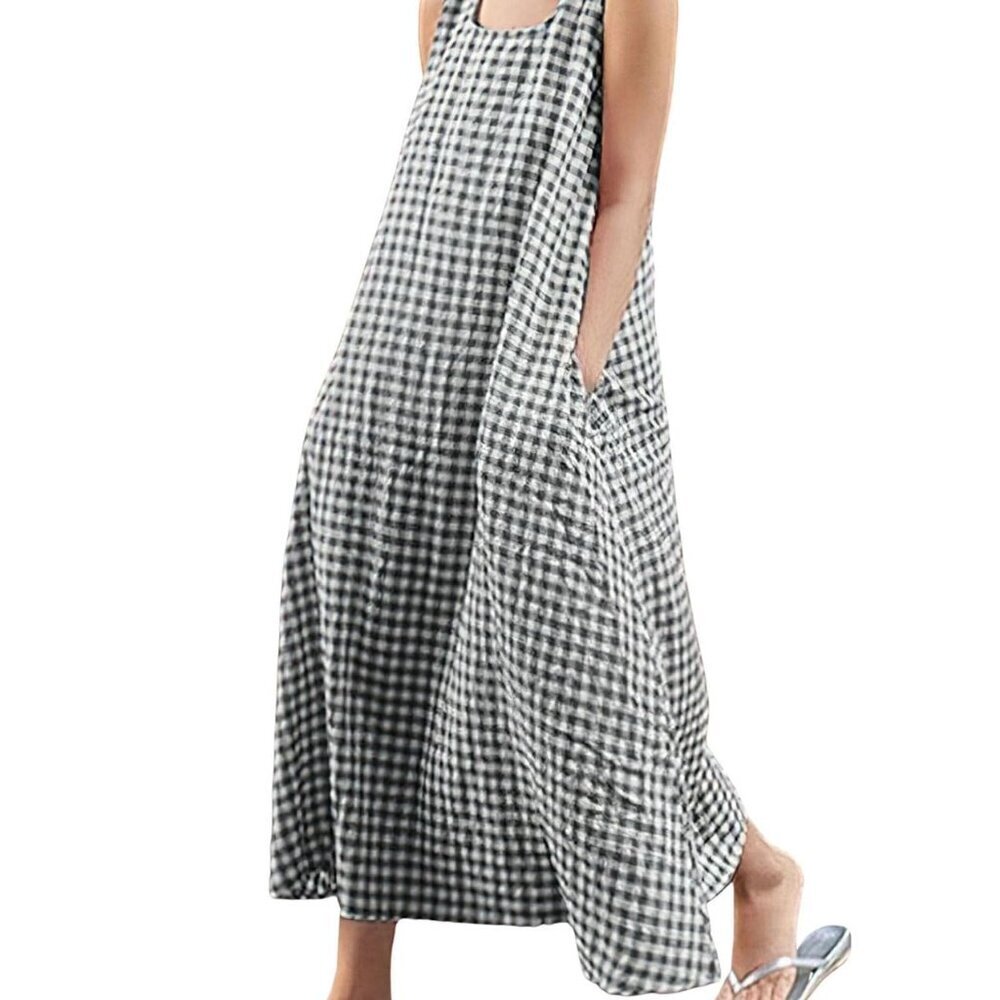 Cotton Plaid Maxi Dress Loose Fit Boho Beach Sundress with Pockets